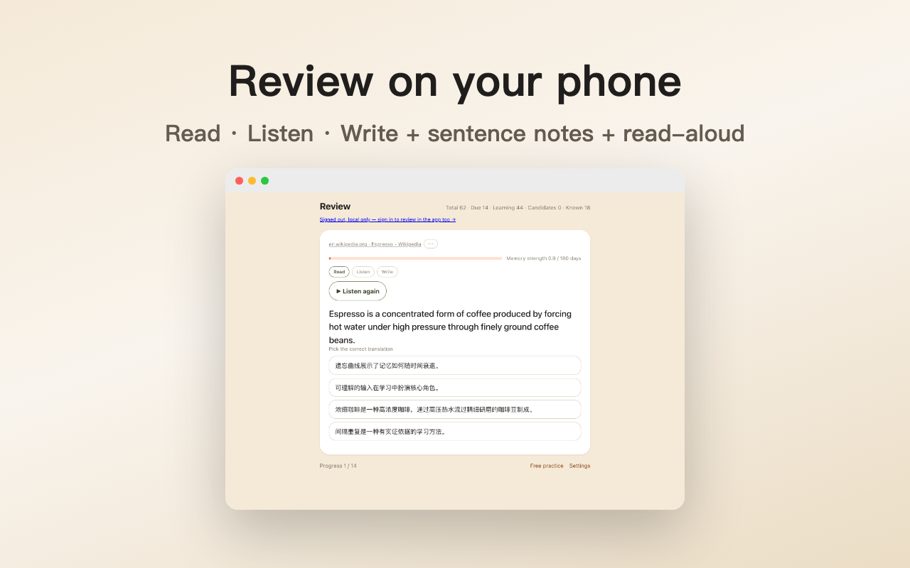 The review screen: sentences you read on the web come back as spaced-repetition cards with read, listen and write tiers