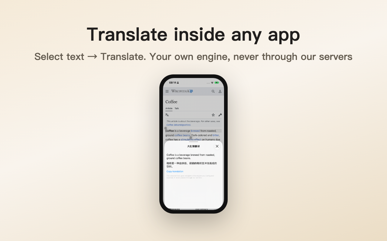 System translation: a sheet over a Wikipedia article in Safari, showing the selected sentence translated by your own engine